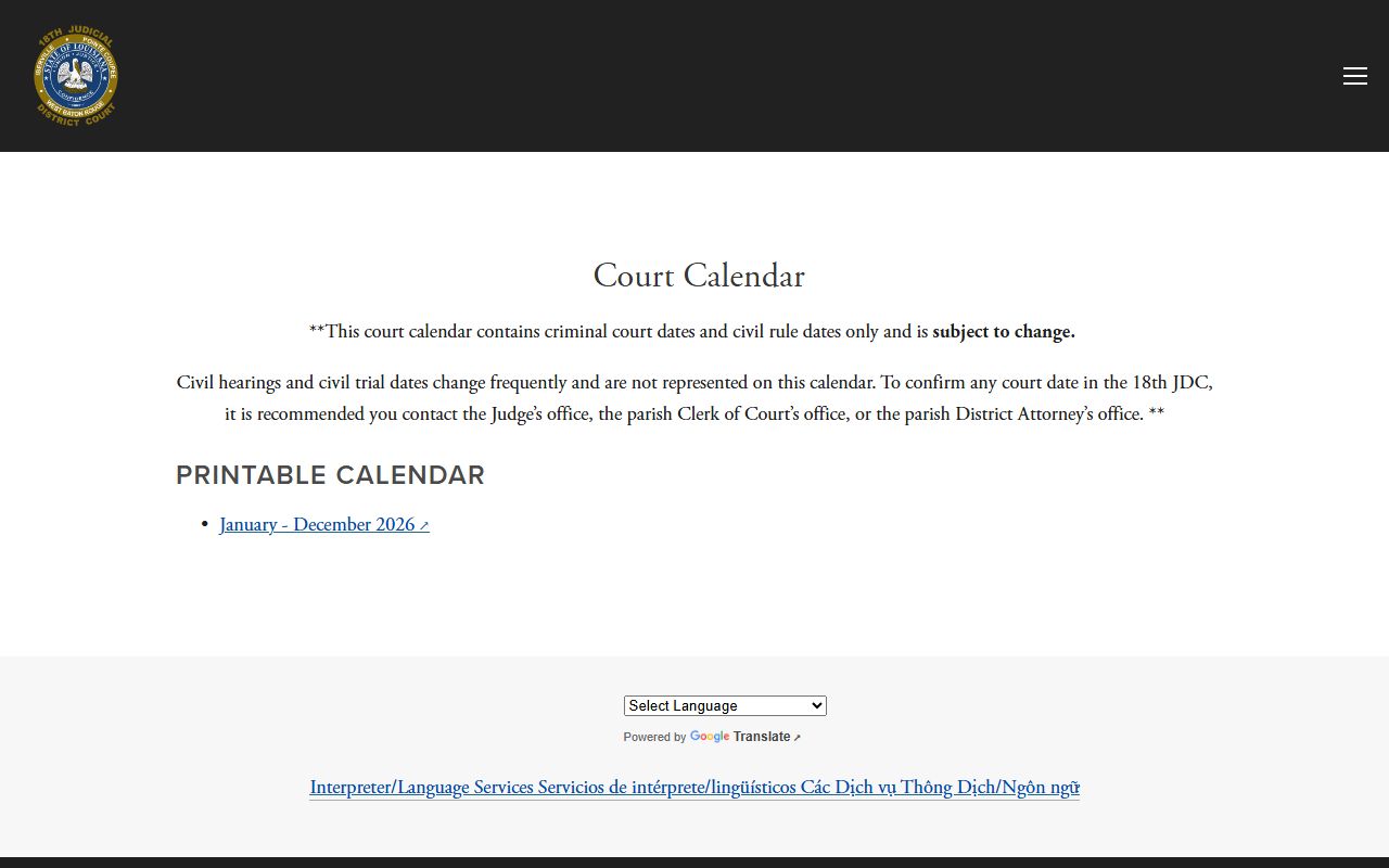 Pointe Coupee Parish court dockets 18th JDC printable court calendar