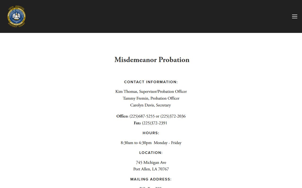 Pointe Coupee Parish criminal court records 18th JDC misdemeanor probation