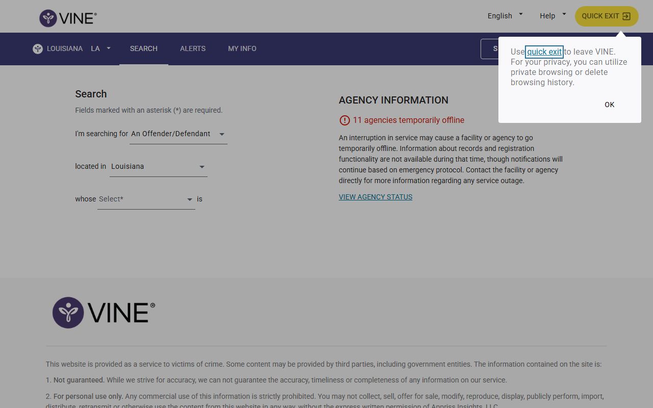 Pointe Coupee Parish inmate records Louisiana VINE person search