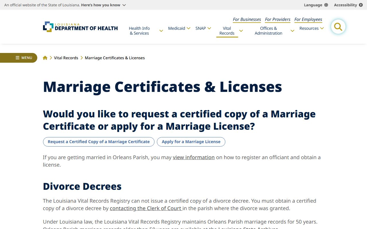 Pointe Coupee Parish marriage records Louisiana Department of Health guidance