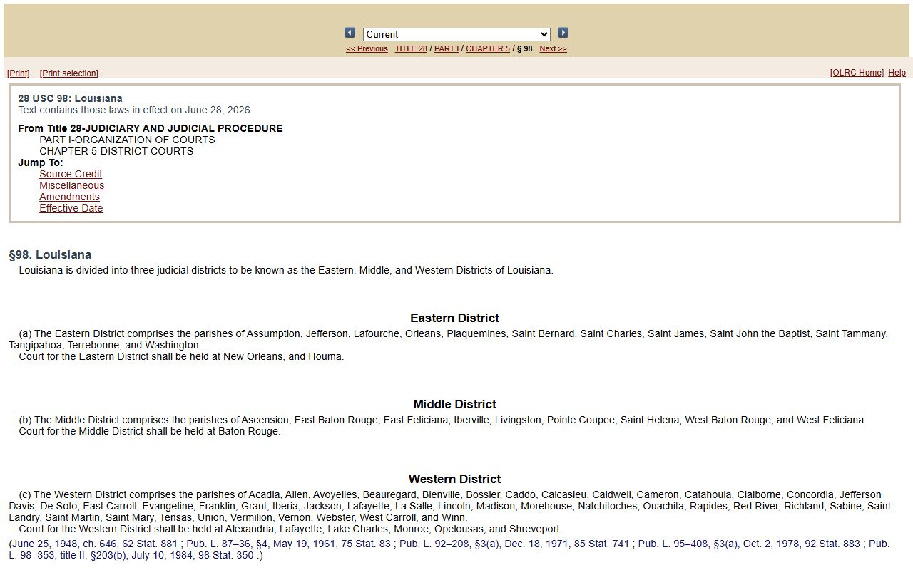Pointe Coupee Parish traffic court records 28 U.S.C. Section 98 federal district placement