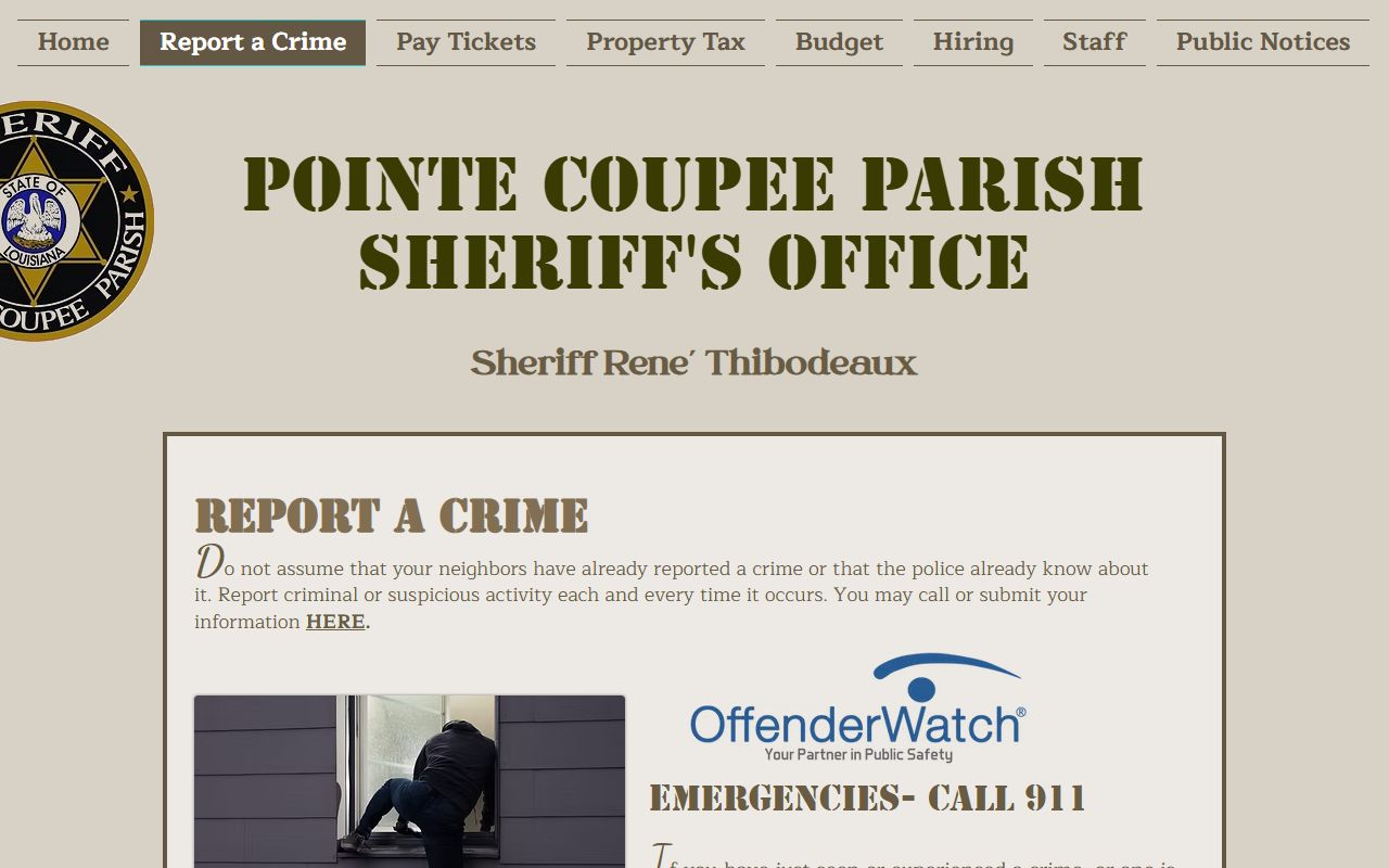 Pointe Coupee Parish warrant records sheriff report a crime and offender resources